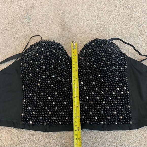 BLACK faux pearl chrome rhinestone embellished bustier corset crop top Sz L - Picture 10 of 11